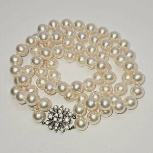 JKB 835 Silver Clasp 2-Strand Faux White Pearl Necklace Crystal Floral Flower
